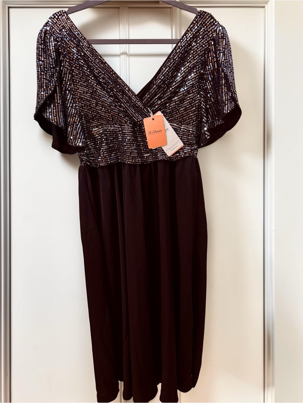 Black Sequin Flutter-Sleeve Midi Dress